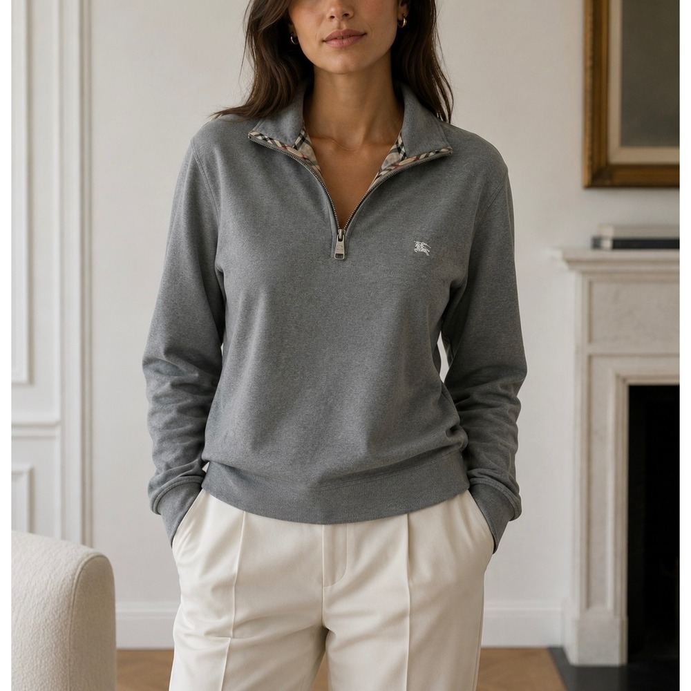 BURBERRY LONDON Grey Quarter Zip Pima Cotton Nova Check Trim Pullover Sweatshirt